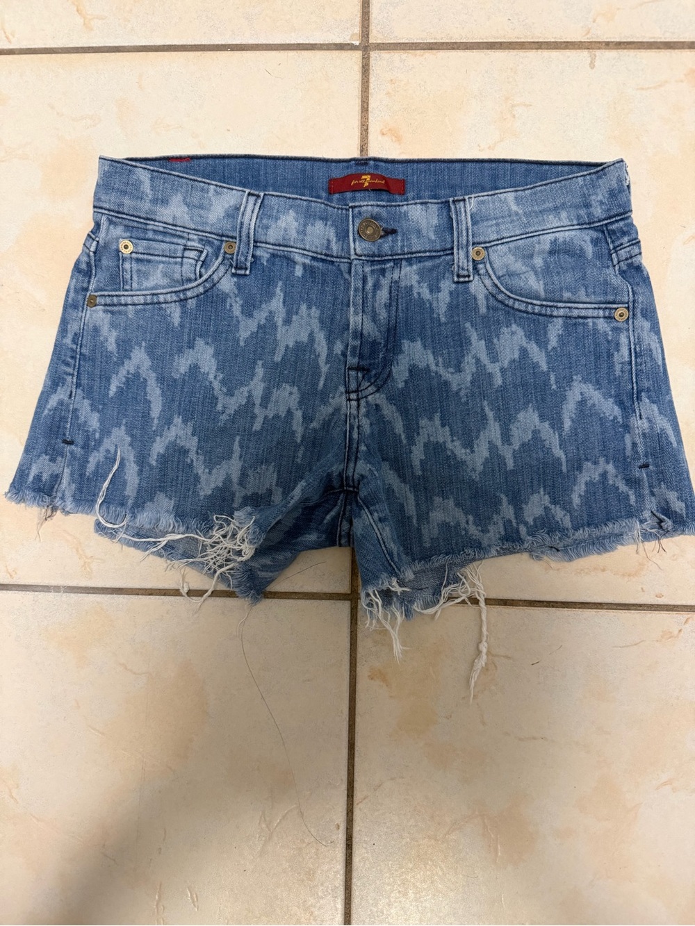 7 For All Mankind Light Blue Patterned Frayed Denim Shorts